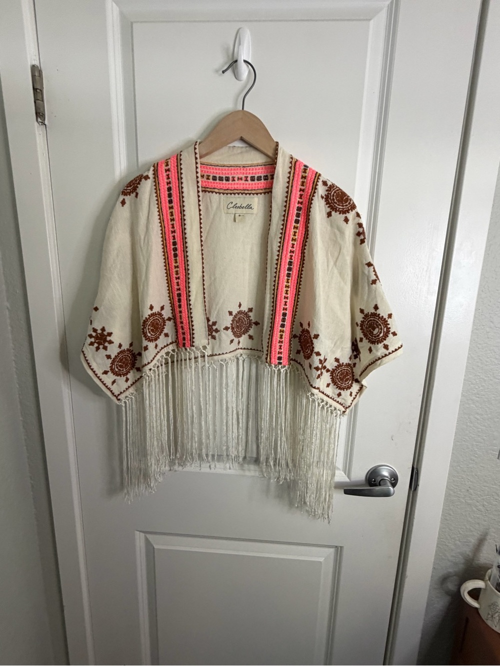 Cleobella Cream Kimono Cover with Brown Embroidery and Pink Trim